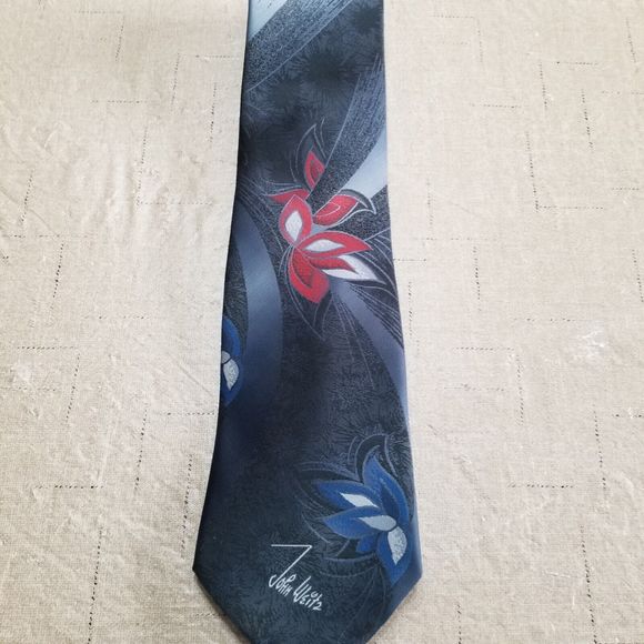 Men Neck Tie John Weitz Black Floral Logo Made in USA 3.75" Wide by 54" Long - Picture 4 of 11